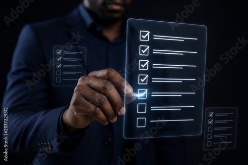 Hand selects a checked box on a futuristic digital checklist displayed on a transparent screen, signifying task completion and organization.