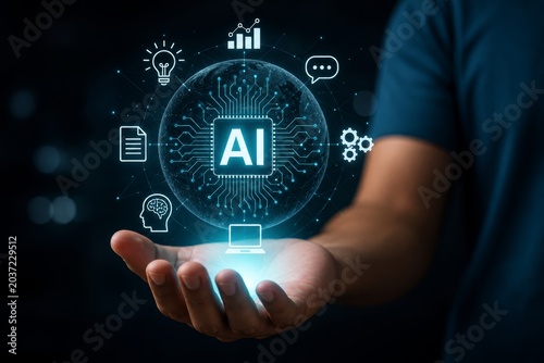 Person displays a glowing digital sphere with 'ai' at its core, encircled by various icons representing the multifaceted applications of ai.