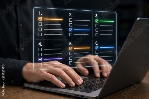 Person checks off items on a digital checklist projected above a laptop, signifying task completion and project management.