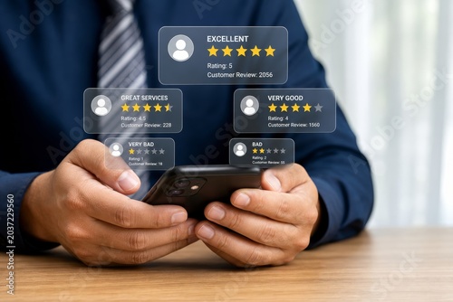Person holding a smartphone displaying various customer reviews and star ratings, indicating online feedback and satisfaction levels.