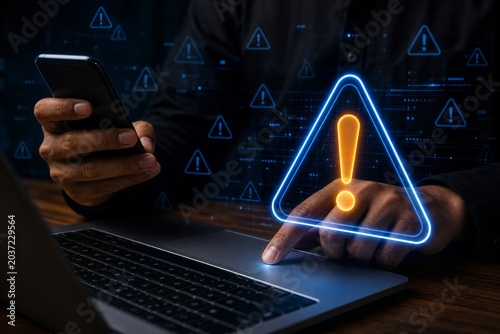 Person holding a smartphone with an exclamation mark in a warning triangle, indicating a digital alert or potential cyber threat on a dark background.