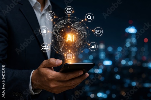Person holding a smartphone with a glowing ai globe and connected icons, representing the global impact of artificial intelligence.