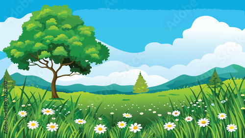 Konstfotografi Scenic landscape illustration with green meadow trees and blue sky