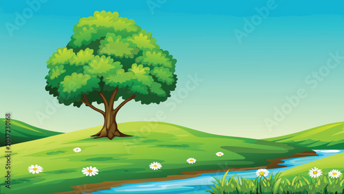 Tableau sur toile Green landscape with a large tree and flowing stream