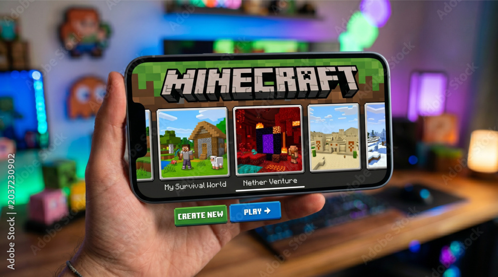 Obraz premium Minecraft mobile game app on a screen smartphone iPhone. Minecraft is a sandbox video game developed by Mojang Studios where players build and explore blocky, procedurally generated 3D worlds.