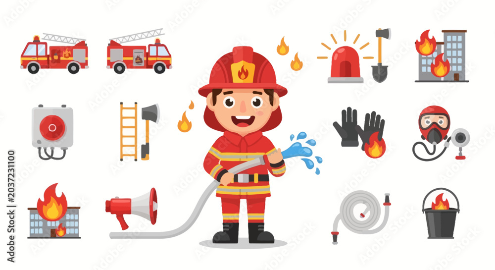 Naklejka premium Brave Young Firefighter with Hose and Firefighting Equipment Set.