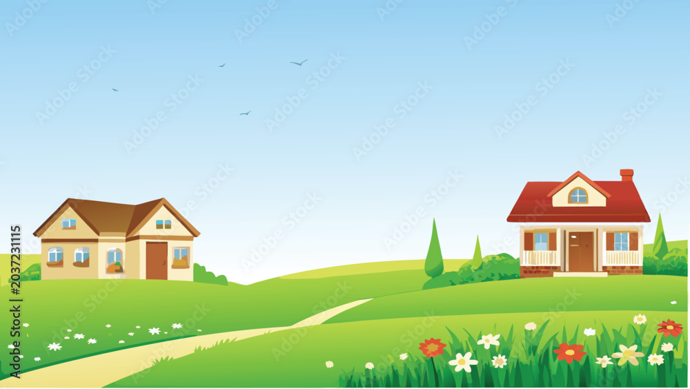 Naklejka premium Countryside scene with two houses vector illustration with blue sky