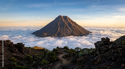 Majestic Volcanic Peak Rising Above a Sea of Clouds at Sunset