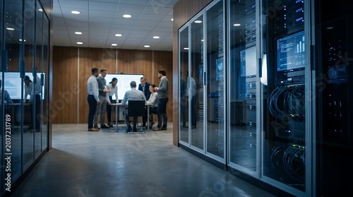 Business team conducting strategic meeting inside modern server room with high performance hardware business technology