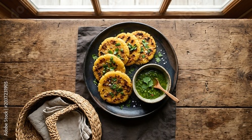 Traditional Grilled Corn Cakes with Green Salsa on Rustic Wood