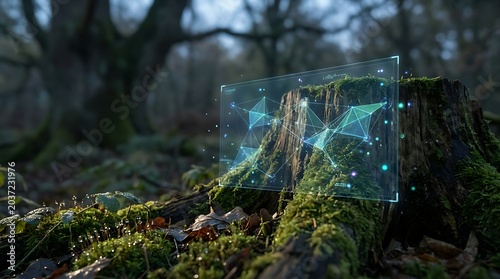Futuristic transparent digital glass screen displaying holographic data analytics mounted on a mossy forest tree stump