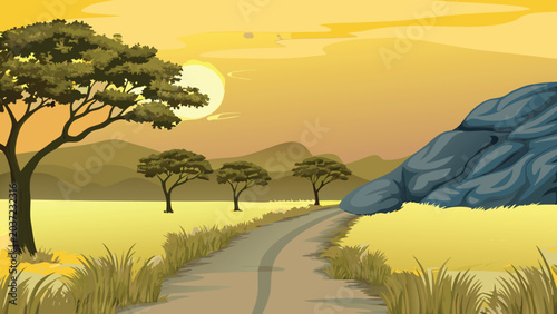 Quadro su tela Savanna landscape illustration with trees and setting sun