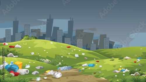 Konstfotografi Polluted landscape with urban skyline and scattered debris