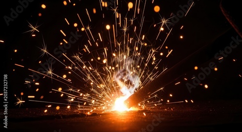 Bright molten metal sparks flying from welding process.