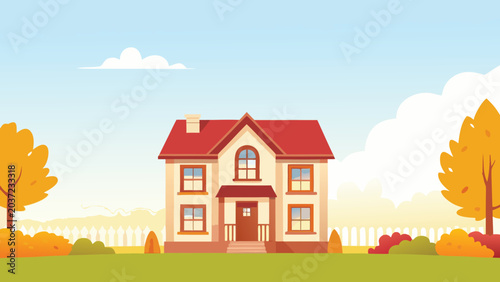 Tableau sur toile Two story house with red roof vector illustration style