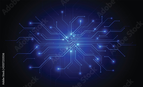 Abstract blue circuit board background with glowing digital electronic lines technology network and cyberspace communication data transfer