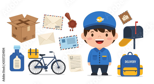 Konstfotografi Friendly Postman with Mailbox, Bicycle, and Delivery Items.