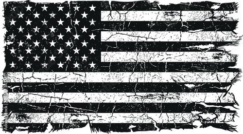 Grunge distressed American flag with rugged weathered texture and monochrome aesthetic.