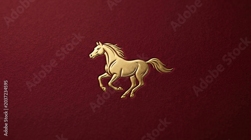Gold embossed galloping horse logo on deep crimson red textured leather surface, luxury brand identity, premium equestrian emblem design