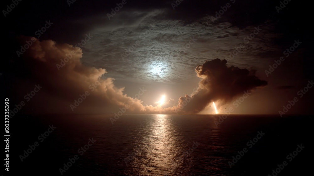 Fototapeta premium Dramatic Night Sky with Explosive Eruption Over Ocean Waves