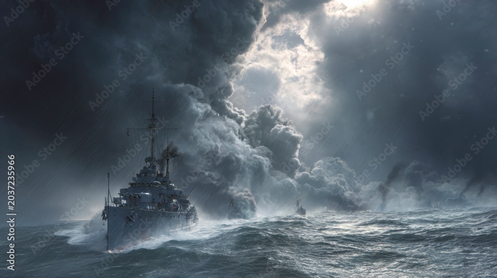 Fototapeta premium Dramatic Battleship Navigating Stormy Seas Under Ominous Clouds