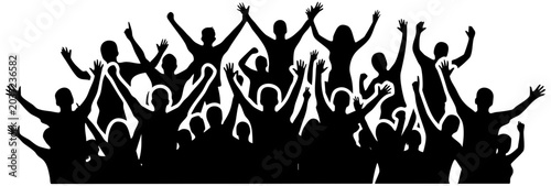 Black silhouette vector illustration showing a large happy crowd of people cheering with raised arms