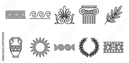 Greek icons and classical symbols collection featuring ancient patterns, traditional decorative elements, historical motifs, and mythological imagery in line art style.