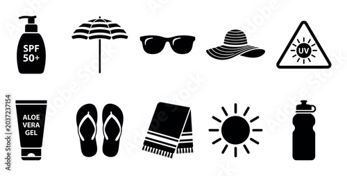 Summer beach sun protection accessories icons collection featuring essential items like sunscreen, sunglasses, and a beach umbrella for safe outdoor activities.