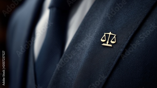 Close up of a suit lapel with a scales of justice pin symbolizing personal injury law wheelchair disabled trauma legal advocacy and courtroom representation.