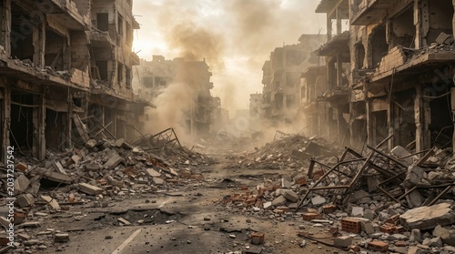 Devastated city street with crumbling buildings and extensive rubble. Thick smoke rises from the destruction, obscuring the sky.