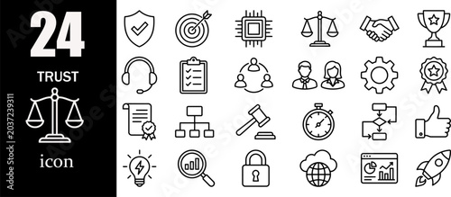 Photos Trust and business ethics minimal line icon set, law justice and corporate compl