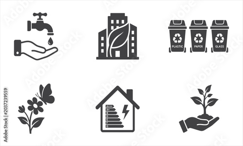 ESG and Sustainability solid icon set. Featuring Net Zero, Circular Economy, Diversity, Carbon Footprint, and Corporate Governance. Flat vector design for eco-friendly and green energy