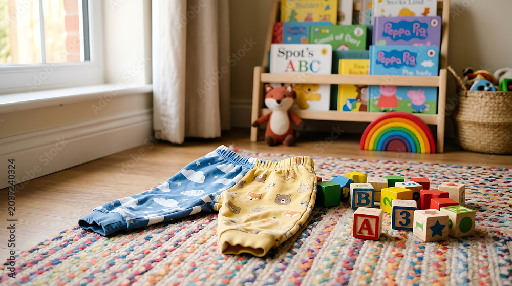 Naklejka premium Toddler trousers and alphabet blocks on a rug next to a bookshelf with toys