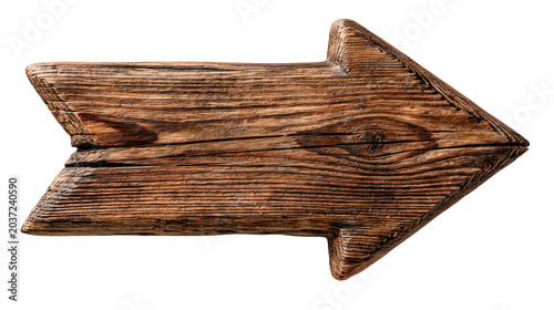Rustic Wooden Arrow Sign Isolated on White Background Aged Direction Pointer with Natural Wood Grain Texture
