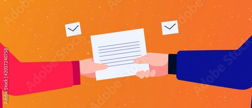 Two hands exchange a document against an orange background with two checkmarks, symbolizing approval or agreement.