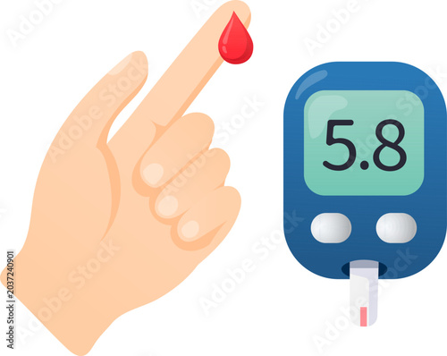 Foto Glucose testing finger prick with blood drop and blood sugar monitor device