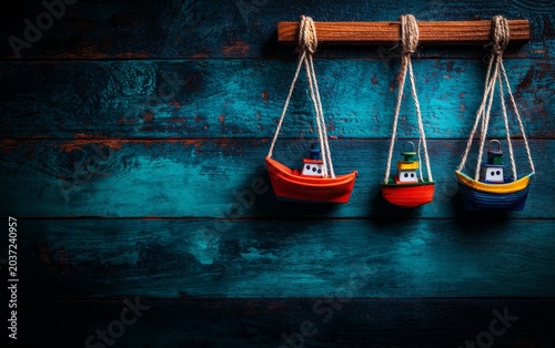 Three colorful miniature wooden boats hanging by ropes against a textured blue wooden background.