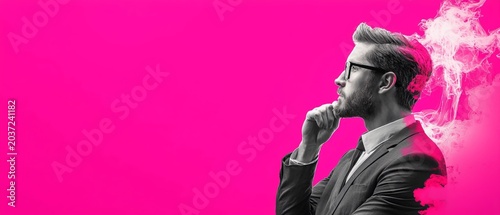 A thoughtful man in a suit and glasses smokes, surrounded by pink smoke against a bright pink background.