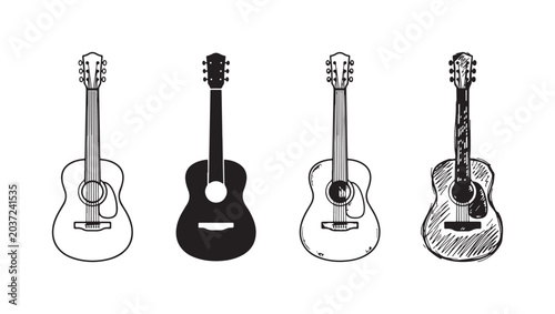 Slika na platnu Four distinct acoustic guitar designs showcasing line art, silhouette, detailed etching, and a rough, hand-drawn doodle artistic approach