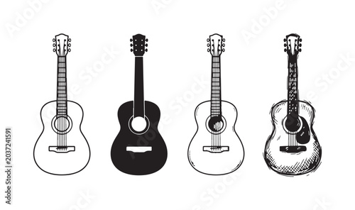 Schilderij op canvas Set of four acoustic guitar graphics, rendered in crisp line art, bold silhouette, detailed etching, and a lively doodle style