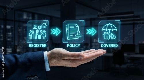 A businessman presenting a digital insurance registration and coverage process on his hand in a modern office environment with glowing blue icons