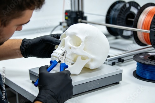 Person working on 3D printed skull model
