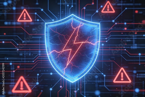 Digital security shield with warning signs