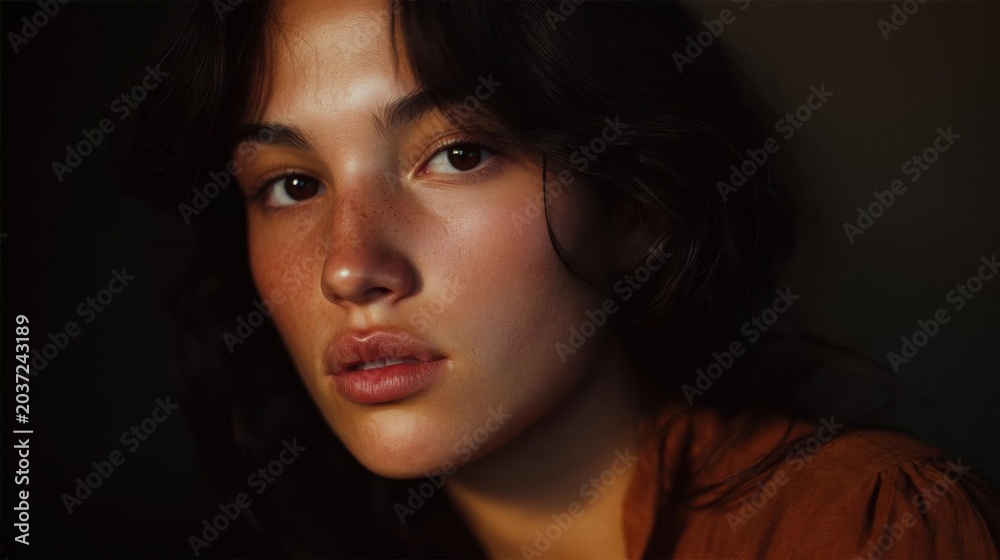 Fototapeta premium Close-up portrait of a young woman's face. she has dark hair that is styled in loose waves and falls over her shoulders. her eyes are looking directly at the camera with a serious expression.