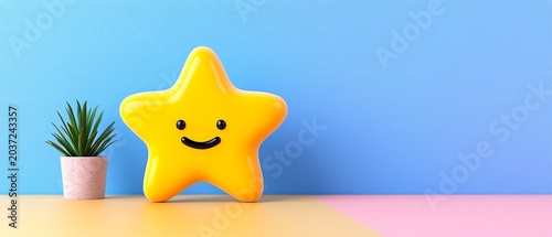 A cheerful yellow star-shaped figure with a smiling face sits beside a small potted plant on a colorful surface against a blue background.