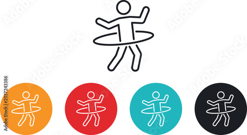 фотографія Stick figure playing hula hoop vector line icon set representing active fitness