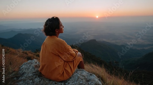 Young woman sitting on a large rock, overlooking a beautiful landscape. she is wearing a long-sleeved orange dress and has her hair tied back in a bun.
