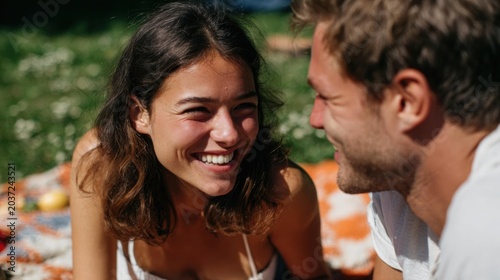 Young couple sitting on a blanket in a park or garden. the woman is smiling widely and appears to be laughing, while the man is looking at her with a smile on his face.
