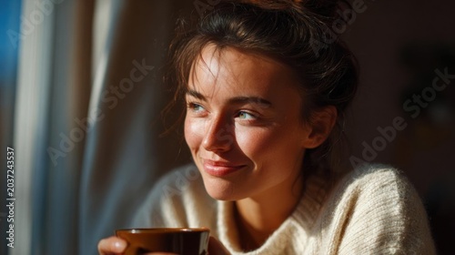 Close-up portrait of a young woman sitting by a window, holding a cup of coffee. she is wearing a white sweater and her hair is styled in a messy bun.