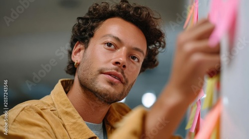 Young man with curly hair and a beard, wearing a yellow jacket. he is looking up at the camera with a thoughtful expression on his face.